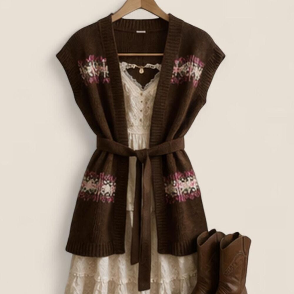 Brown vest | Boho Western Fair Isle Belted Cardigan Cottagecore Layering